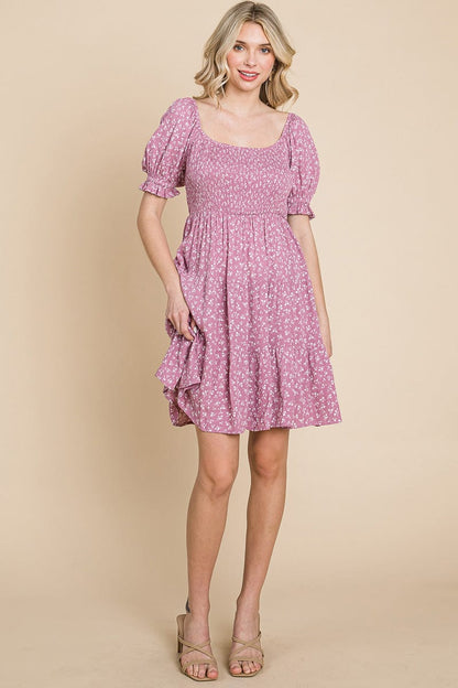 Smocked Floral Puff Short Sleeve Tiered Dress by RolyPoly Apparel