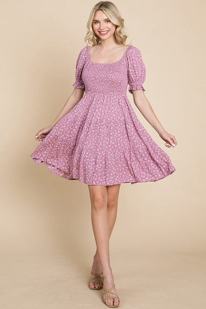Smocked Floral Puff Short Sleeve Tiered Dress by RolyPoly Apparel