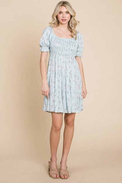 Smocked Floral Puff Short Sleeve Tiered Dress by RolyPoly Apparel