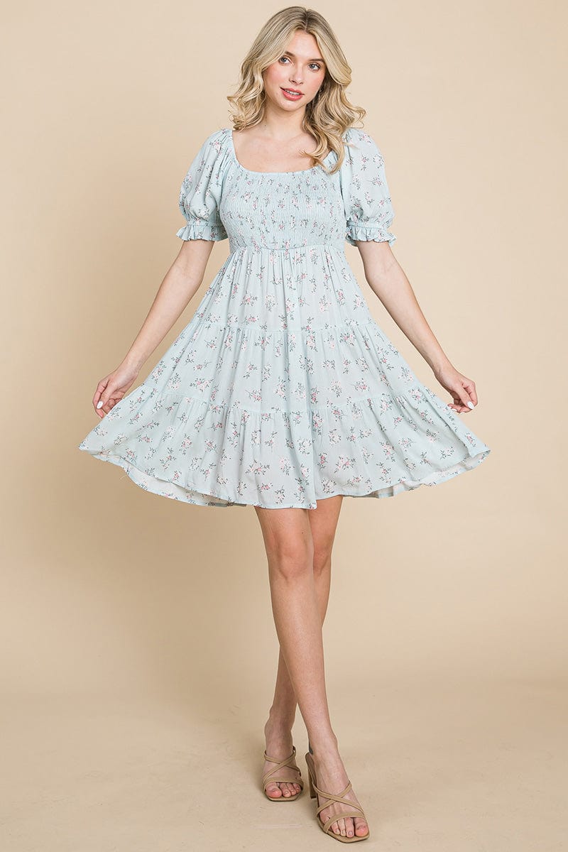 Smocked Floral Puff Short Sleeve Tiered Dress by RolyPoly Apparel