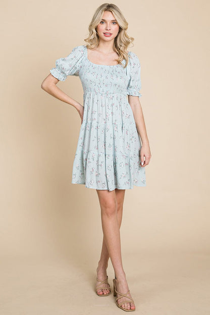 Smocked Floral Puff Short Sleeve Tiered Dress by RolyPoly Apparel
