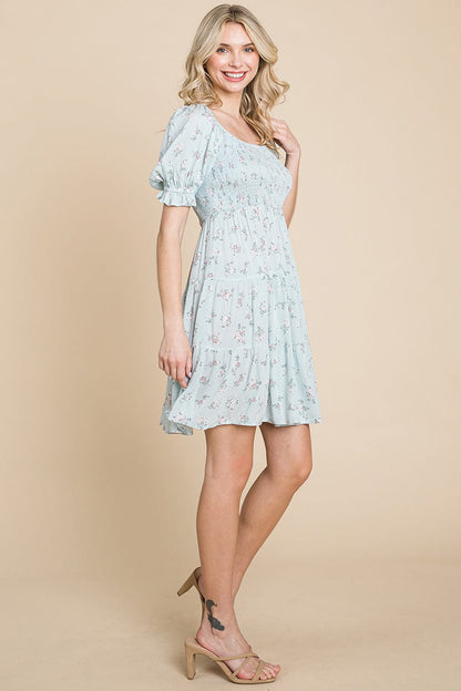 Smocked Floral Puff Short Sleeve Tiered Dress by RolyPoly Apparel