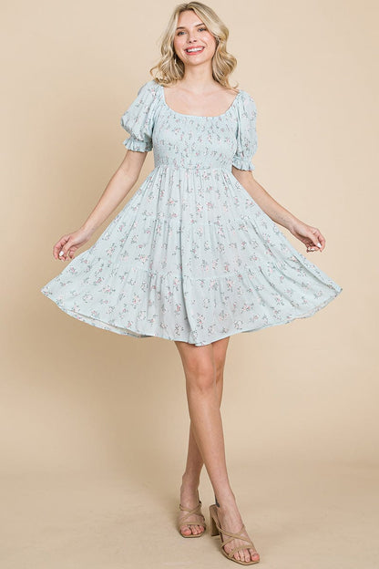 Smocked Floral Puff Short Sleeve Tiered Dress by RolyPoly Apparel