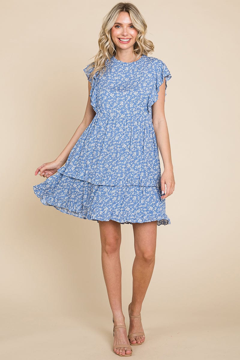 Floral Printed Ruffled Sleeve Pleated Dress by RolyPoly Apparel
