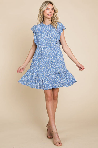 Floral Printed Ruffled Sleeve Pleated Dress by RolyPoly Apparel