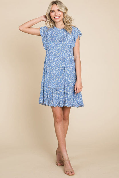 Floral Printed Ruffled Sleeve Pleated Dress by RolyPoly Apparel
