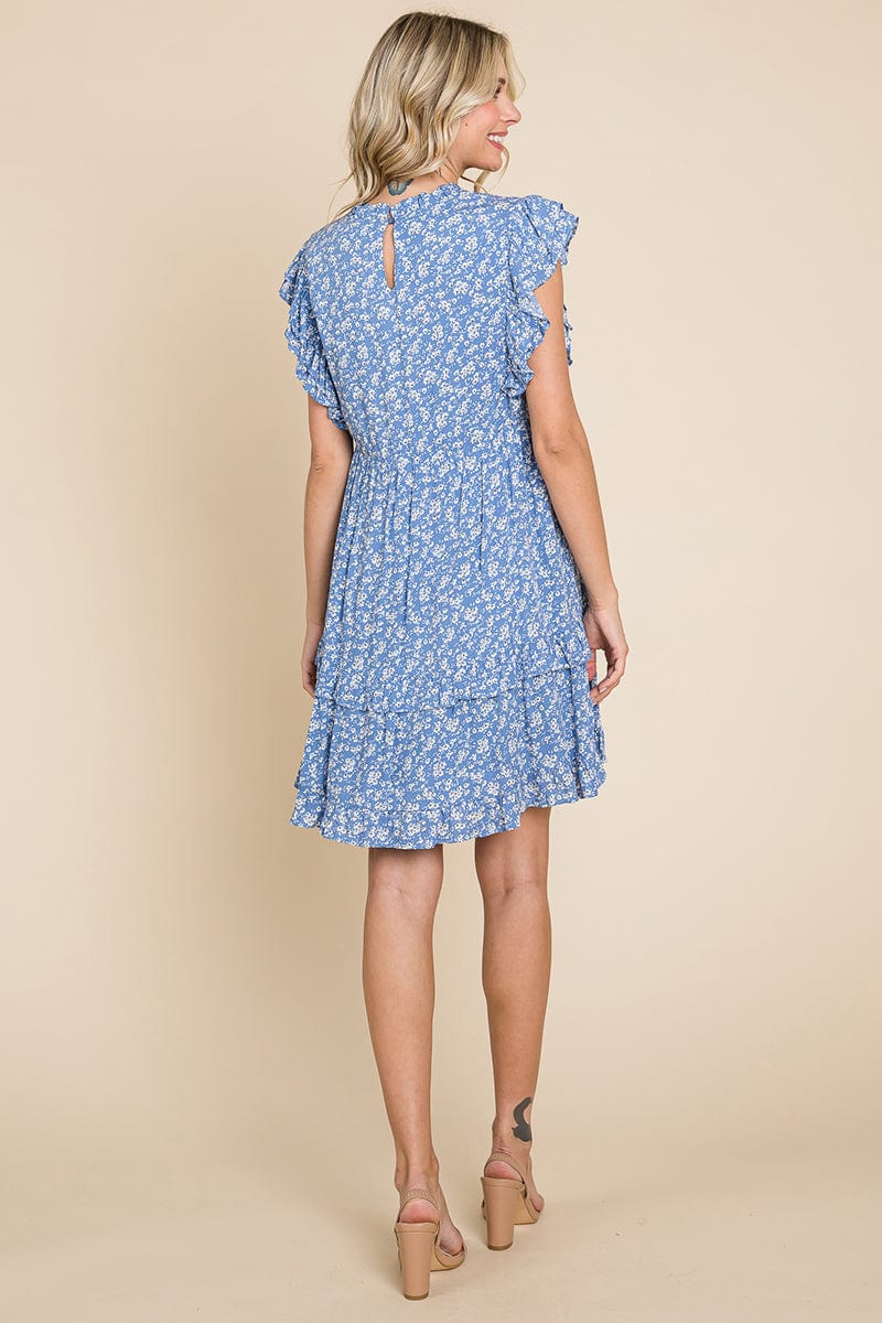 Floral Printed Ruffled Sleeve Pleated Dress by RolyPoly Apparel