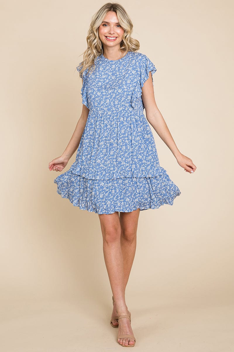 Floral Printed Ruffled Sleeve Pleated Dress by RolyPoly Apparel