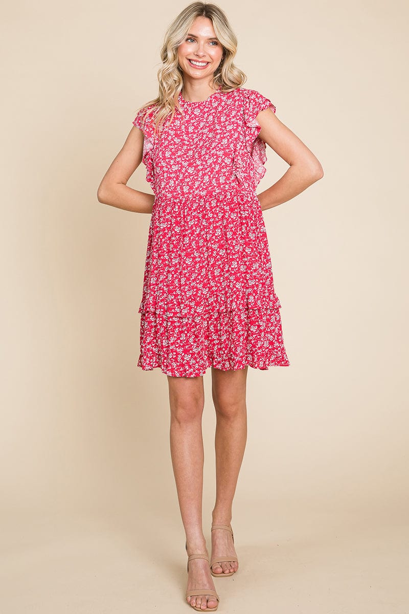 Floral Printed Ruffled Sleeve Pleated Dress by RolyPoly Apparel