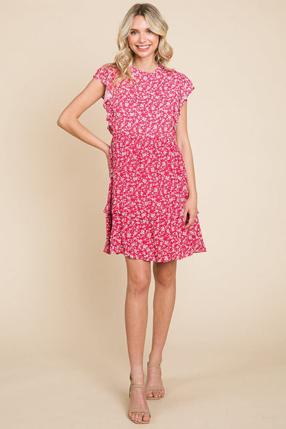 Floral Printed Ruffled Sleeve Pleated Dress by RolyPoly Apparel