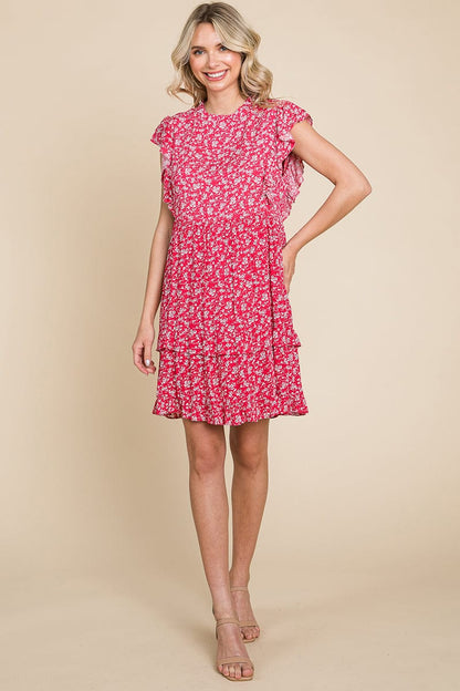 Floral Printed Ruffled Sleeve Pleated Dress by RolyPoly Apparel