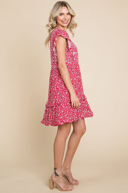 Floral Printed Ruffled Sleeve Pleated Dress by RolyPoly Apparel