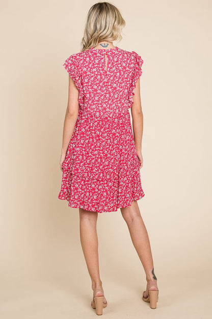 Floral Printed Ruffled Sleeve Pleated Dress by RolyPoly Apparel