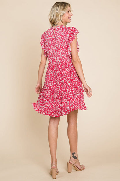 Floral Printed Ruffled Sleeve Pleated Dress by RolyPoly Apparel