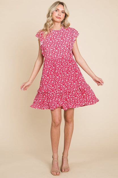 Floral Printed Ruffled Sleeve Pleated Dress by RolyPoly Apparel