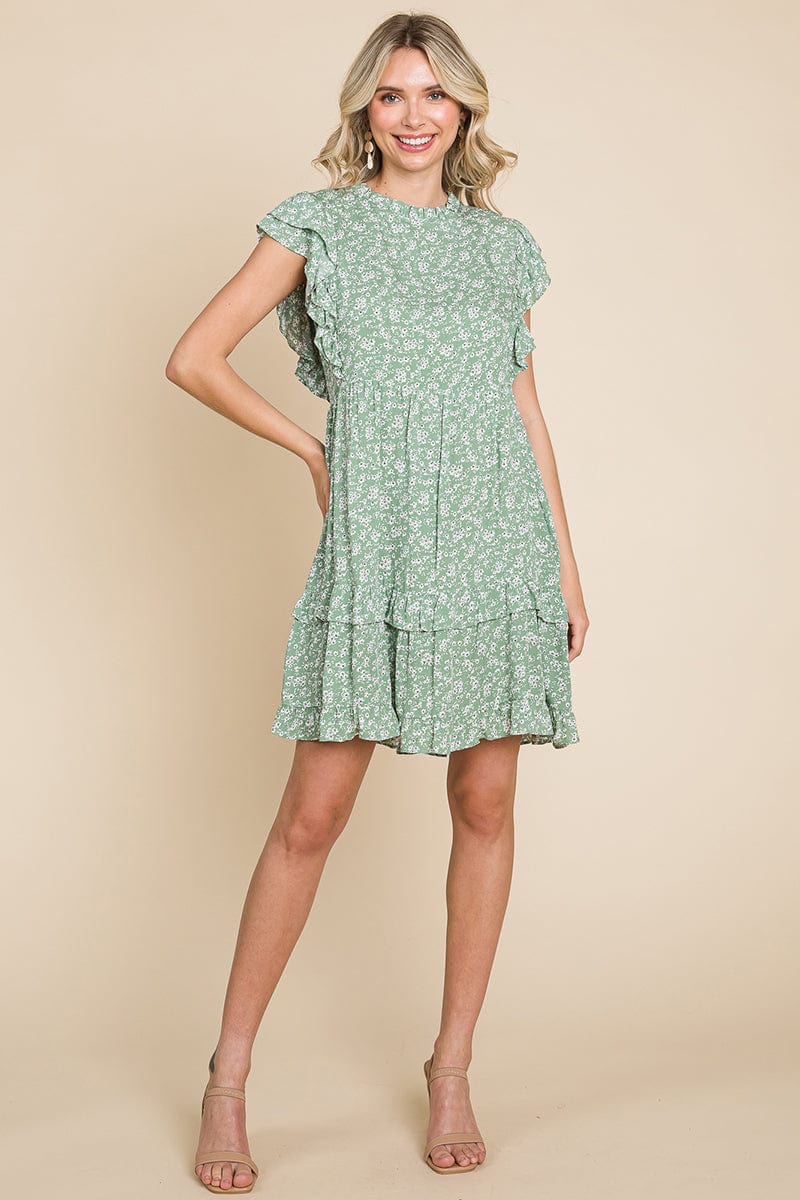 Floral Printed Ruffled Sleeve Pleated Dress by RolyPoly Apparel