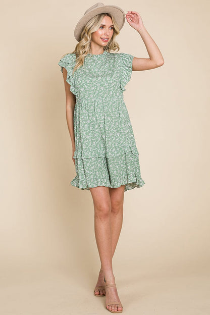 Floral Printed Ruffled Sleeve Pleated Dress by RolyPoly Apparel