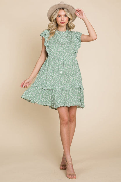 Floral Printed Ruffled Sleeve Pleated Dress by RolyPoly Apparel