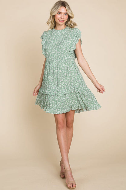 Floral Printed Ruffled Sleeve Pleated Dress by RolyPoly Apparel