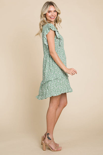 Floral Printed Ruffled Sleeve Pleated Dress by RolyPoly Apparel