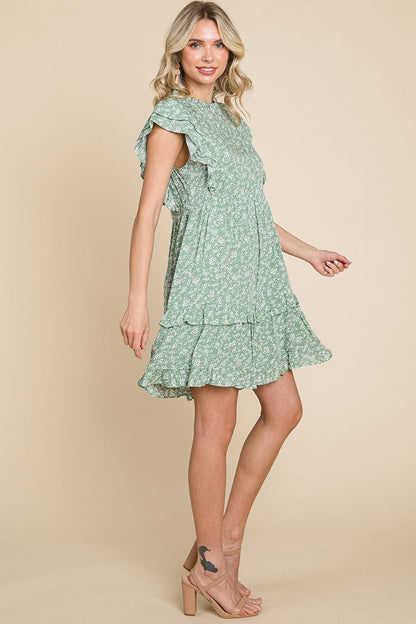 Floral Printed Ruffled Sleeve Pleated Dress by RolyPoly Apparel