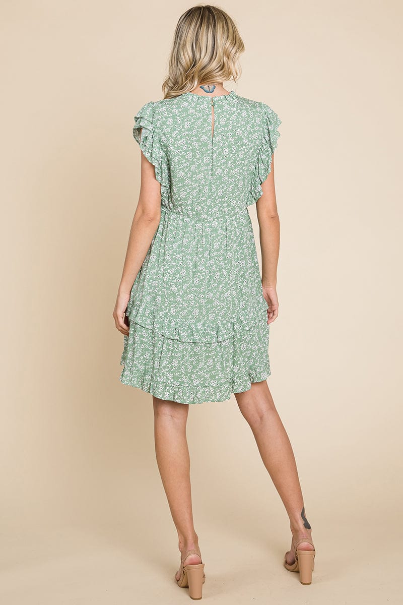 Floral Printed Ruffled Sleeve Pleated Dress by RolyPoly Apparel