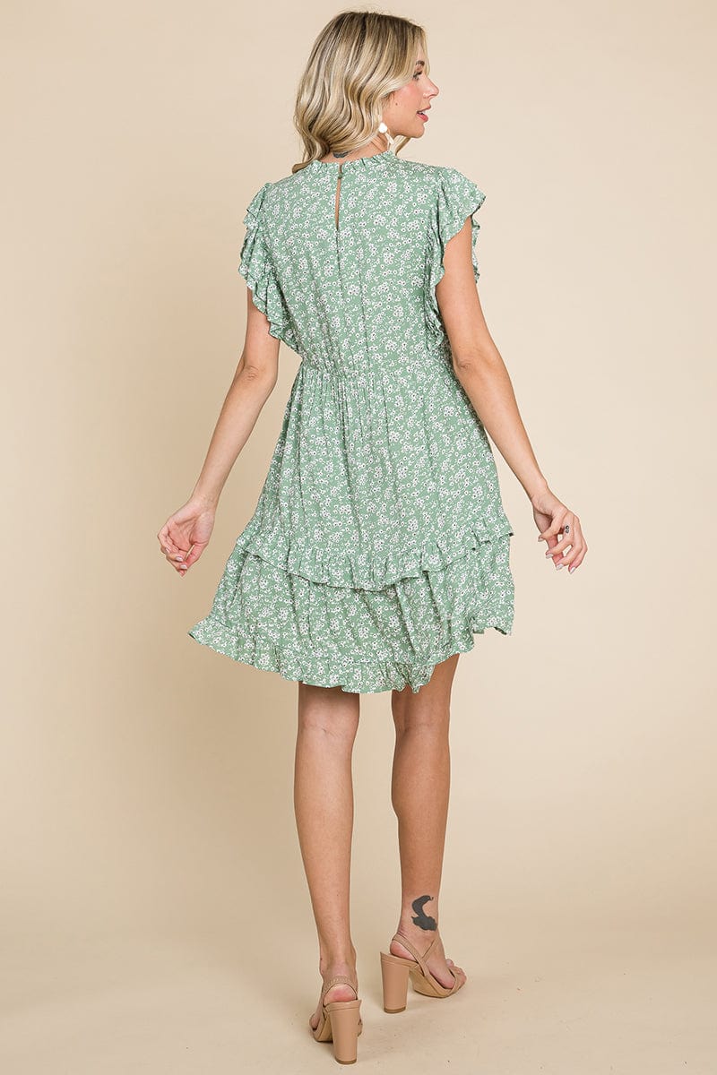 Floral Printed Ruffled Sleeve Pleated Dress by RolyPoly Apparel
