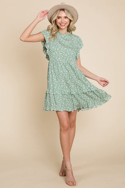 Floral Printed Ruffled Sleeve Pleated Dress by RolyPoly Apparel