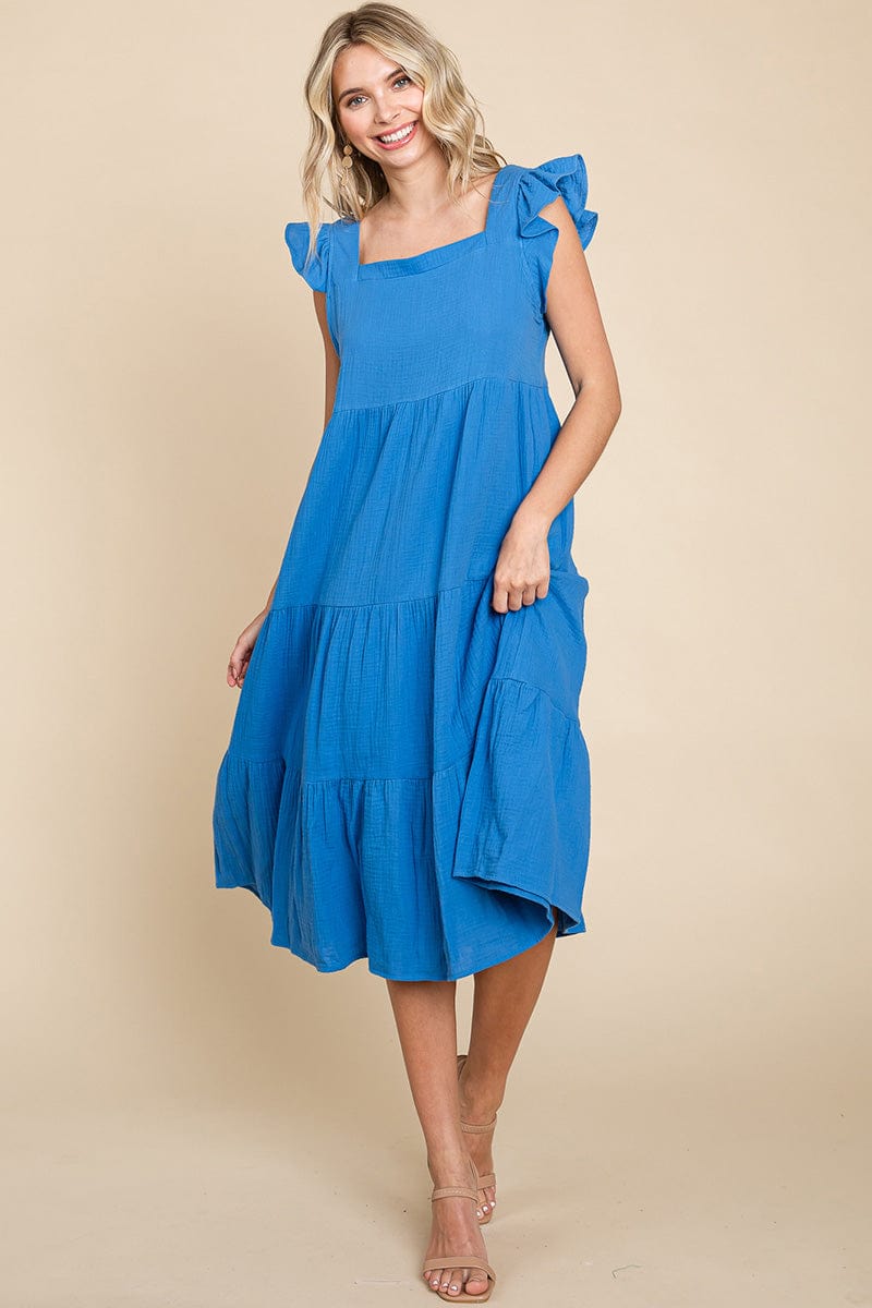 Ruffle Sleeve Gauze Tiered Midi Cotton Dress by RolyPoly Apparel