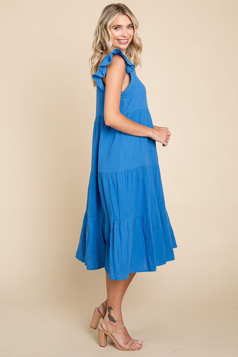 Ruffle Sleeve Gauze Tiered Midi Cotton Dress by RolyPoly Apparel