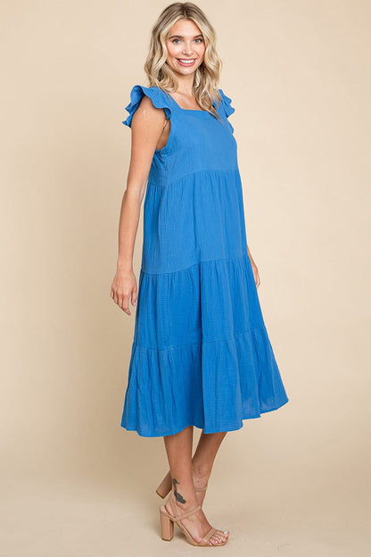 Ruffle Sleeve Gauze Tiered Midi Cotton Dress by RolyPoly Apparel