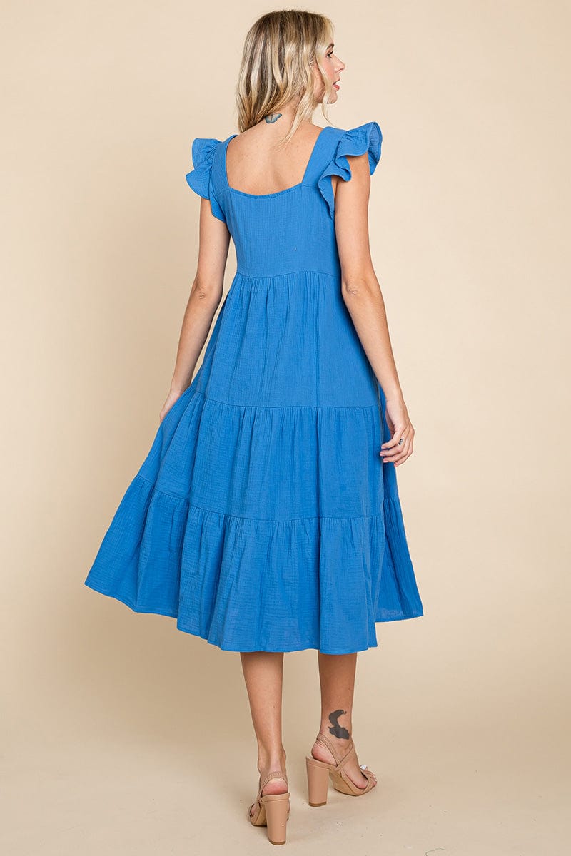 Ruffle Sleeve Gauze Tiered Midi Cotton Dress by RolyPoly Apparel
