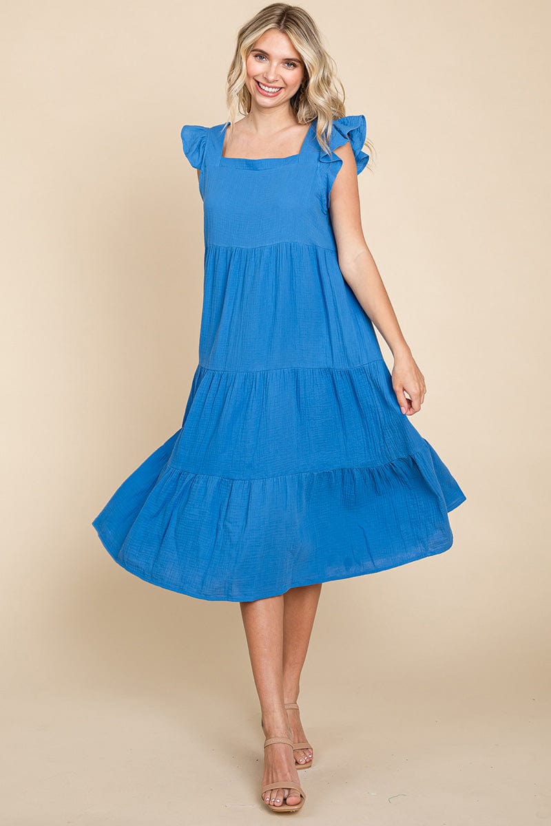 Ruffle Sleeve Gauze Tiered Midi Cotton Dress by RolyPoly Apparel