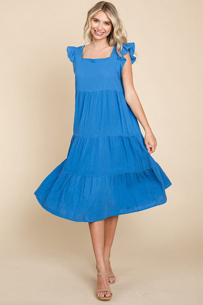 Ruffle Sleeve Gauze Tiered Midi Cotton Dress by RolyPoly Apparel