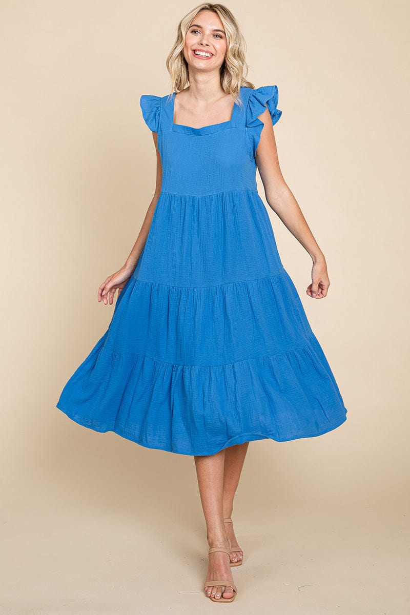 Ruffle Sleeve Gauze Tiered Midi Cotton Dress by RolyPoly Apparel