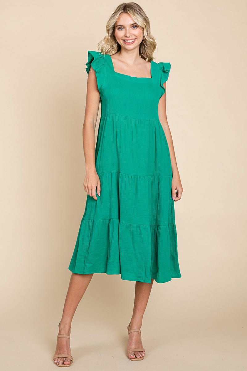 Ruffle Sleeve Gauze Tiered Midi Cotton Dress by RolyPoly Apparel