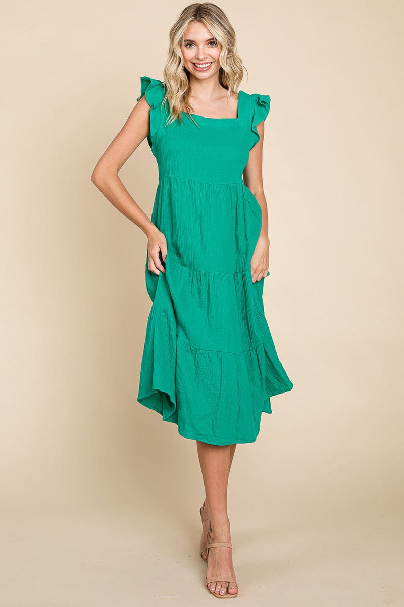 Ruffle Sleeve Gauze Tiered Midi Cotton Dress by RolyPoly Apparel