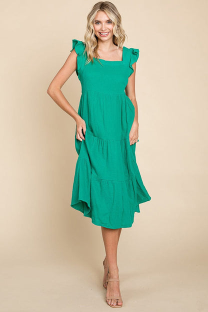 Ruffle Sleeve Gauze Tiered Midi Cotton Dress by RolyPoly Apparel