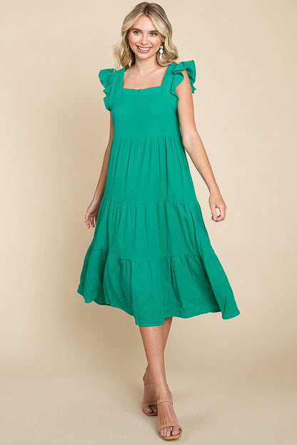 Ruffle Sleeve Gauze Tiered Midi Cotton Dress by RolyPoly Apparel
