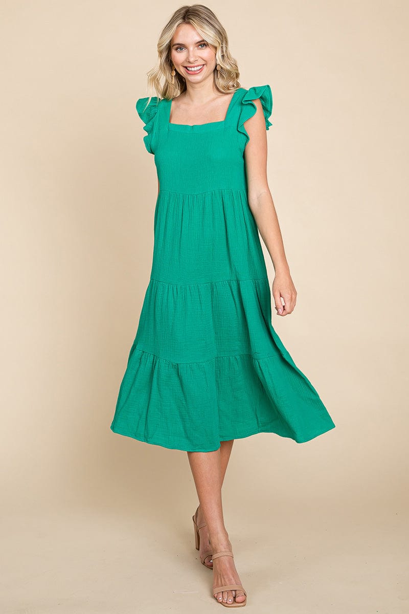 Ruffle Sleeve Gauze Tiered Midi Cotton Dress by RolyPoly Apparel