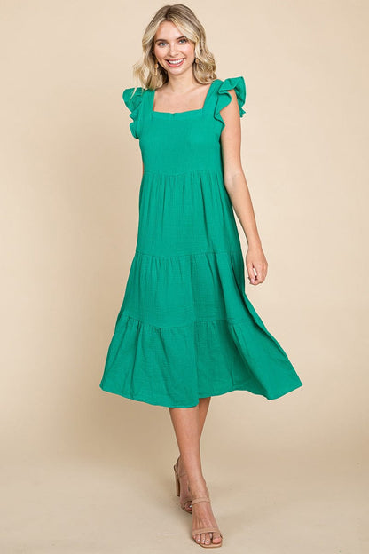 Ruffle Sleeve Gauze Tiered Midi Cotton Dress by RolyPoly Apparel