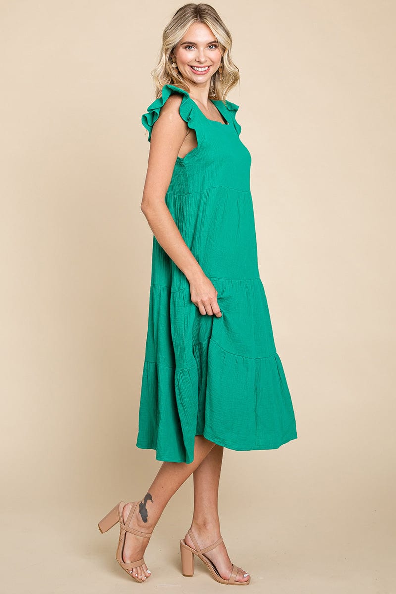 Ruffle Sleeve Gauze Tiered Midi Cotton Dress by RolyPoly Apparel