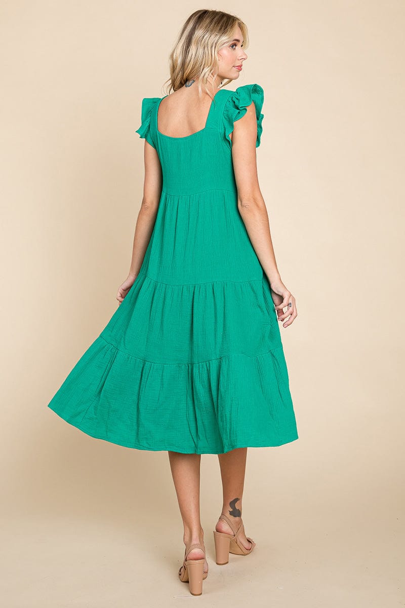 Ruffle Sleeve Gauze Tiered Midi Cotton Dress by RolyPoly Apparel