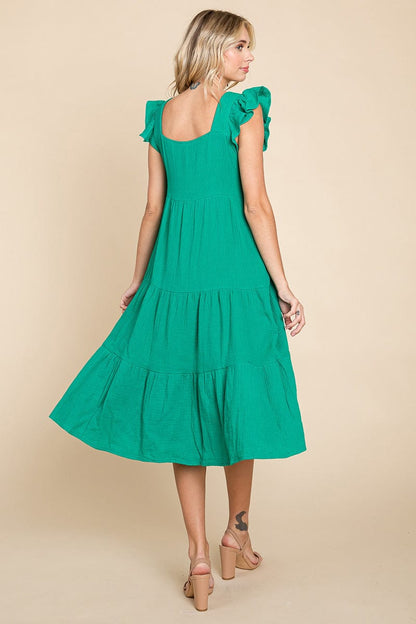 Ruffle Sleeve Gauze Tiered Midi Cotton Dress by RolyPoly Apparel