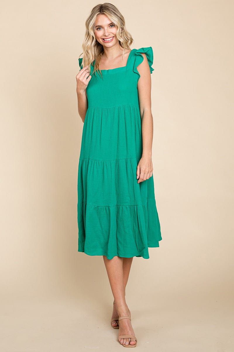Ruffle Sleeve Gauze Tiered Midi Cotton Dress by RolyPoly Apparel