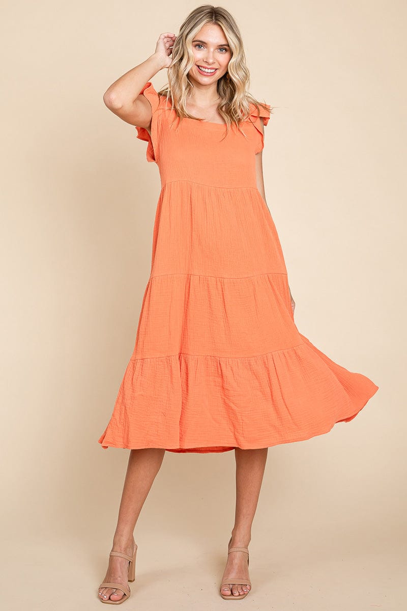 Ruffle Sleeve Gauze Tiered Midi Cotton Dress by RolyPoly Apparel