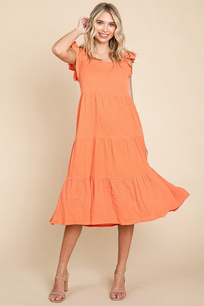 Ruffle Sleeve Gauze Tiered Midi Cotton Dress by RolyPoly Apparel