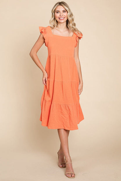 Ruffle Sleeve Gauze Tiered Midi Cotton Dress by RolyPoly Apparel