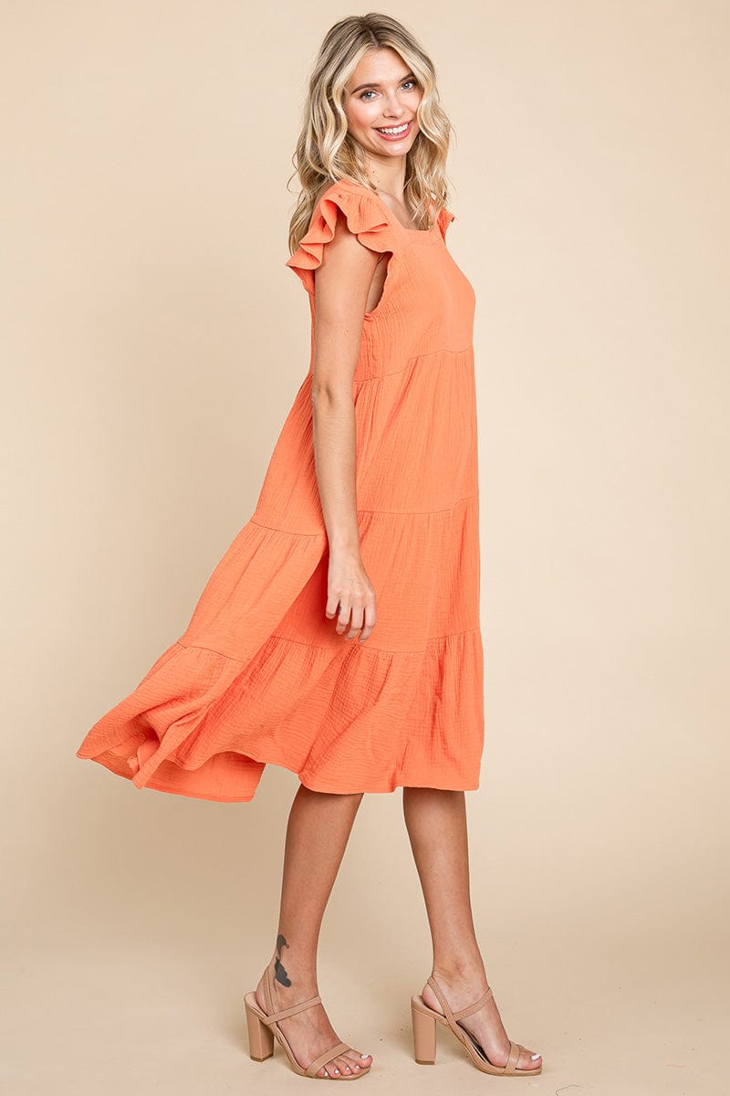 Ruffle Sleeve Gauze Tiered Midi Cotton Dress by RolyPoly Apparel