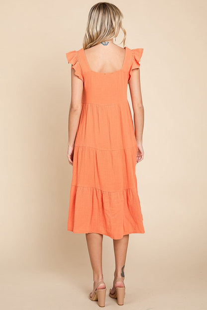 Ruffle Sleeve Gauze Tiered Midi Cotton Dress by RolyPoly Apparel